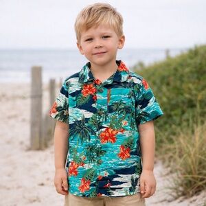 The Childrens Place‎ Boys 4T Hawaiian Shirt Palm Tree Floral Button Up Aloha